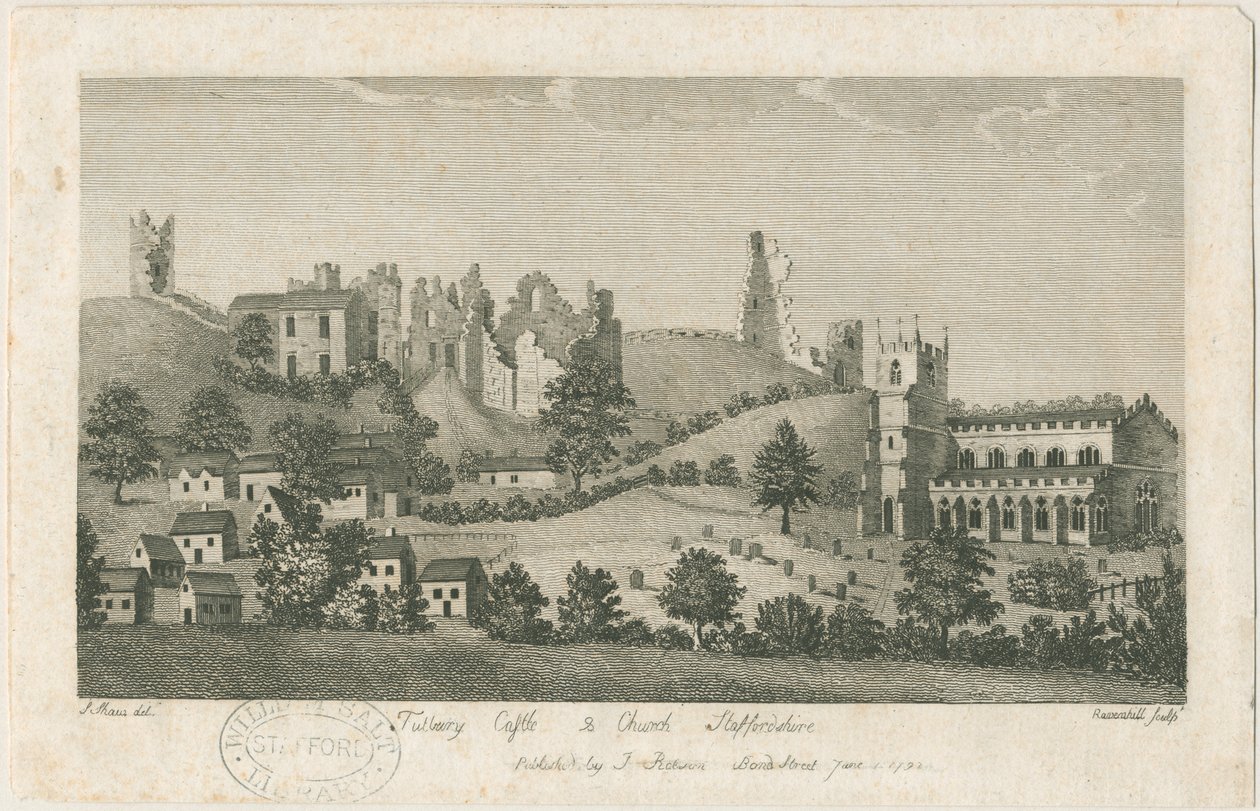 Castelo e Igreja de Tutbury - Vista Sudeste: gravura, nd [1762-1792] (impressão) de Stebbing Shaw