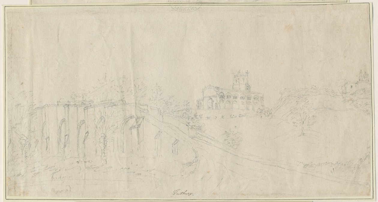 Igreja e Castelo de Tutbury - Vista Nordeste: desenho a lápis, nd [1762-1802] (desenho) de Stebbing Shaw