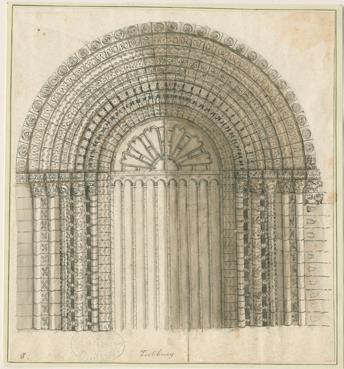 Igreja do Priorado de Tutbury - Arco na Porta Oeste: desenho em caneta e sépia, nd [1762-1802] (impressão) de Stebbing Shaw