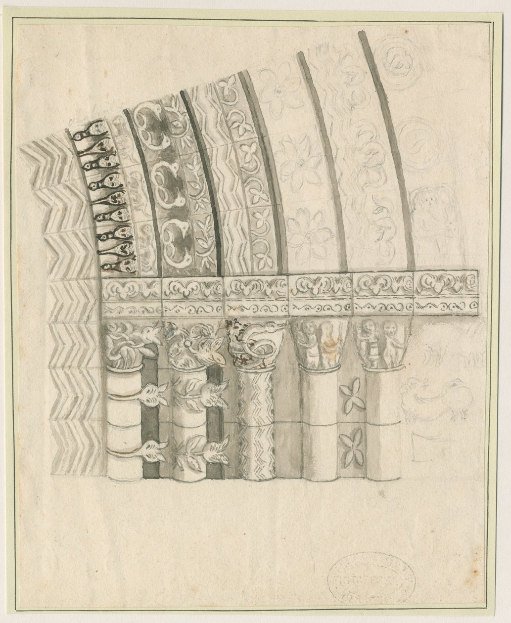 Igreja do Priorado de Tutbury - Porta Oeste: desenho em caneta e sépia, nd [1762-1802] de Stebbing Shaw