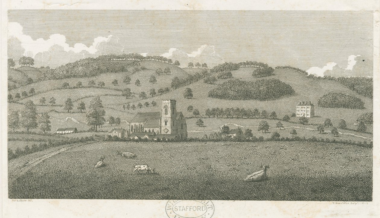 Wolseley - Colwich Church e Oakedge House: gravura de Stebbing Shaw