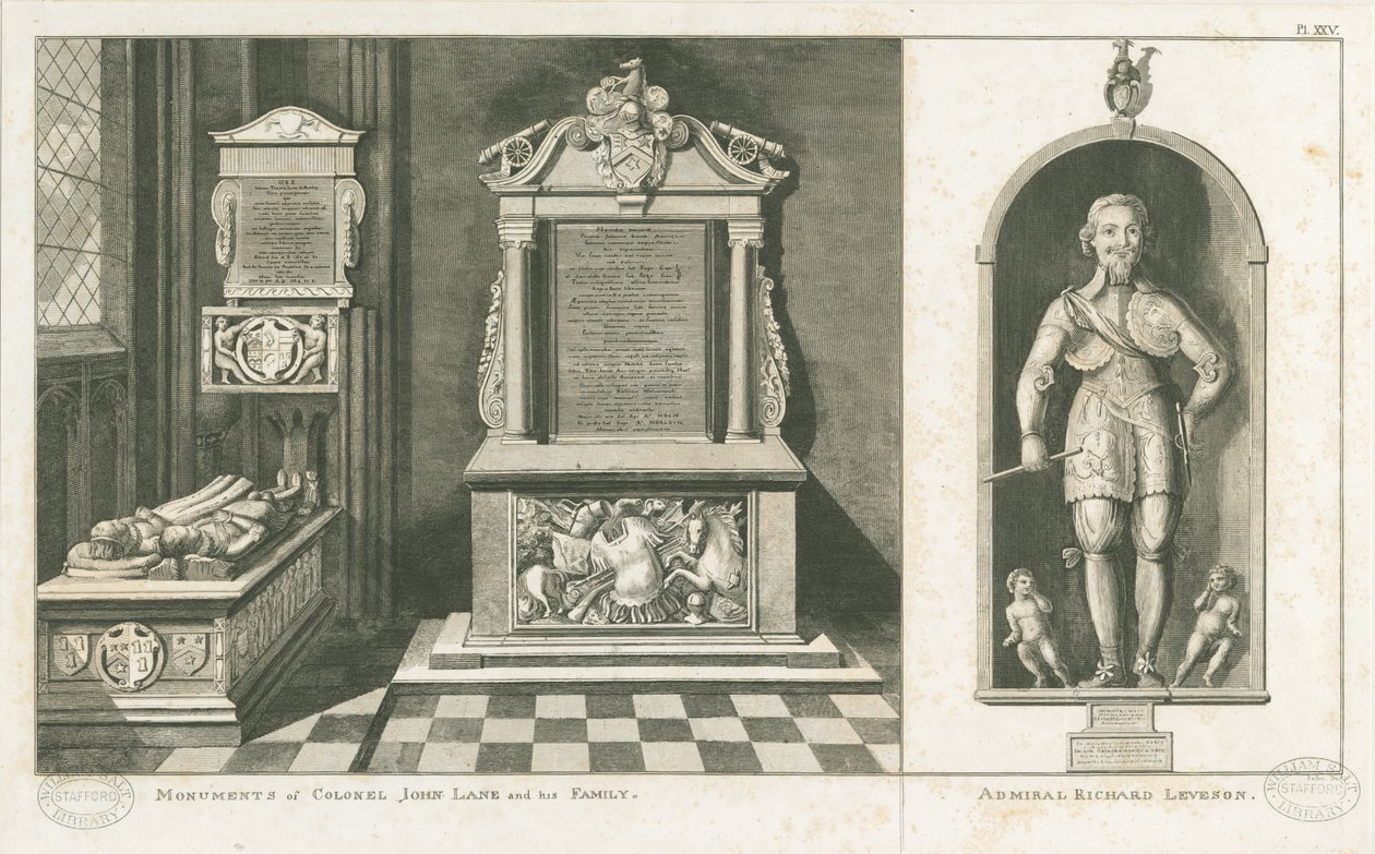Wolverhampton - Monumentos do Coronel John Lane e do Almirante Richard Leveson: gravura, sd [c 1798] (impressão) de Stebbing Shaw