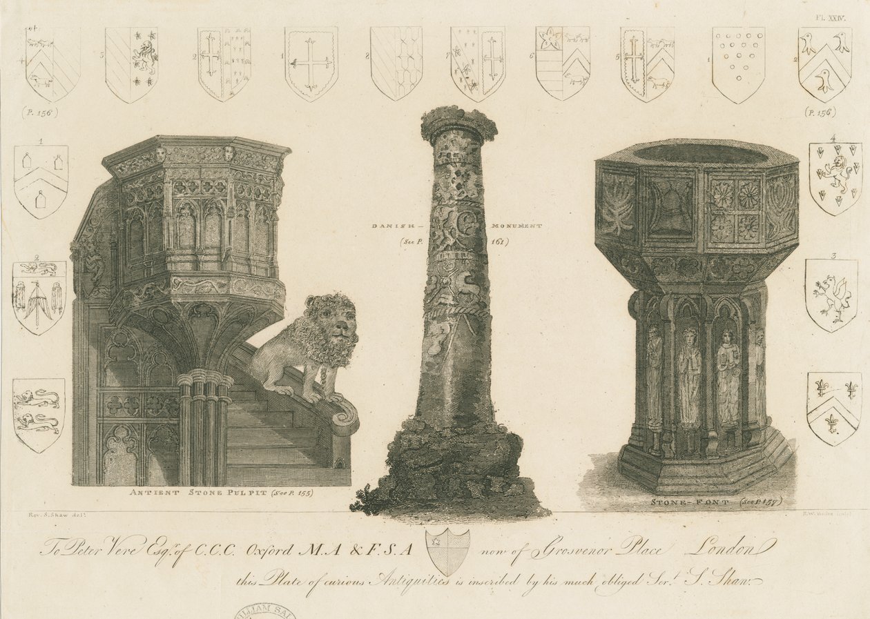 Wolverhampton - Púlpito, Pilar e Fonte na Igreja de São Pedro: gravura, sd [c 1798] (impressão) de Stebbing Shaw