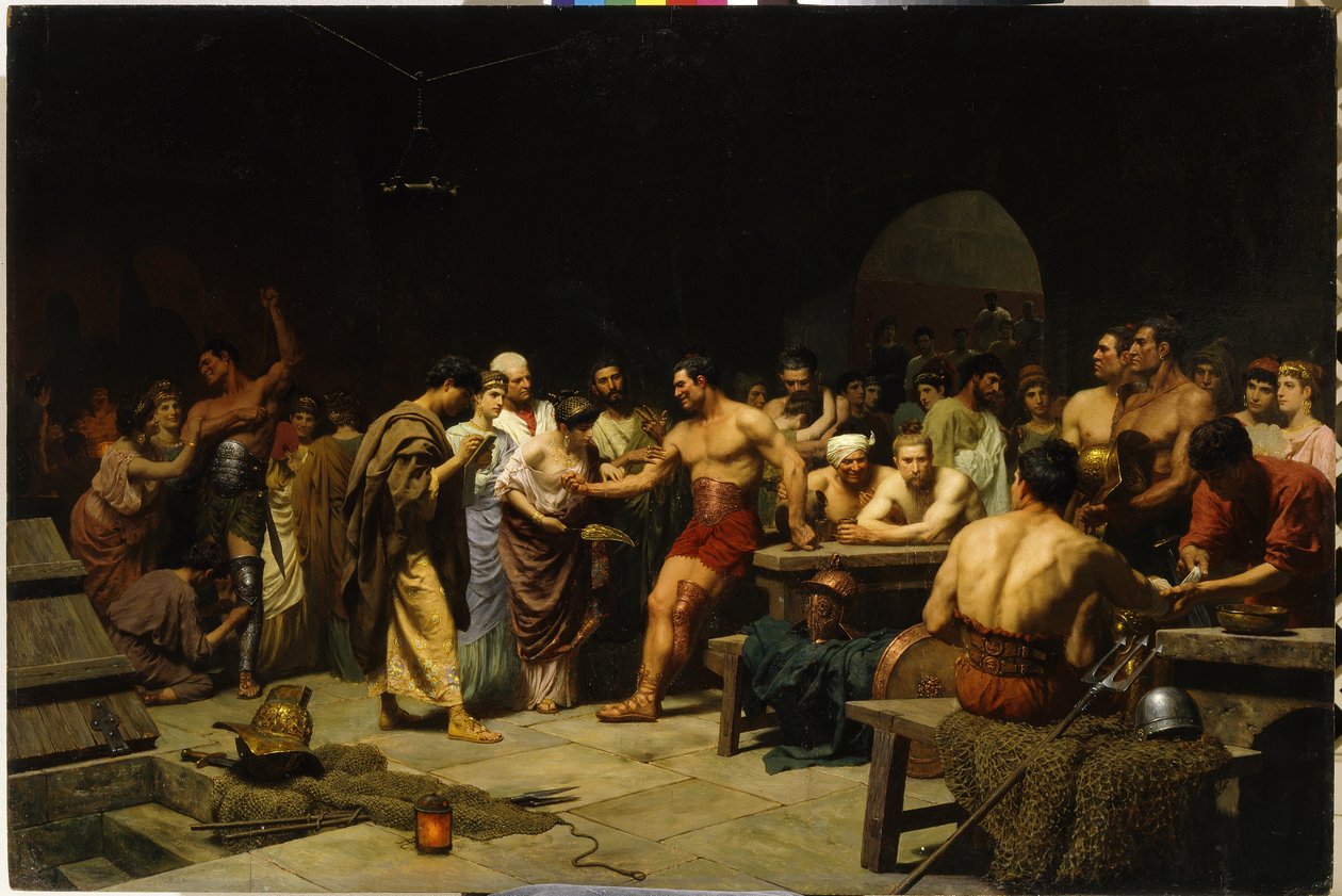 Os Gladiadores Antes de Uma Aparição na Arena. Os patrícios romanos visitam e avaliam o físico dos gladiadores antes da luta, as mulheres lisonjeiam e felicitam os lutadores. Pintura por Stepan ( de Stefan Vladislavovich Bakalowicz