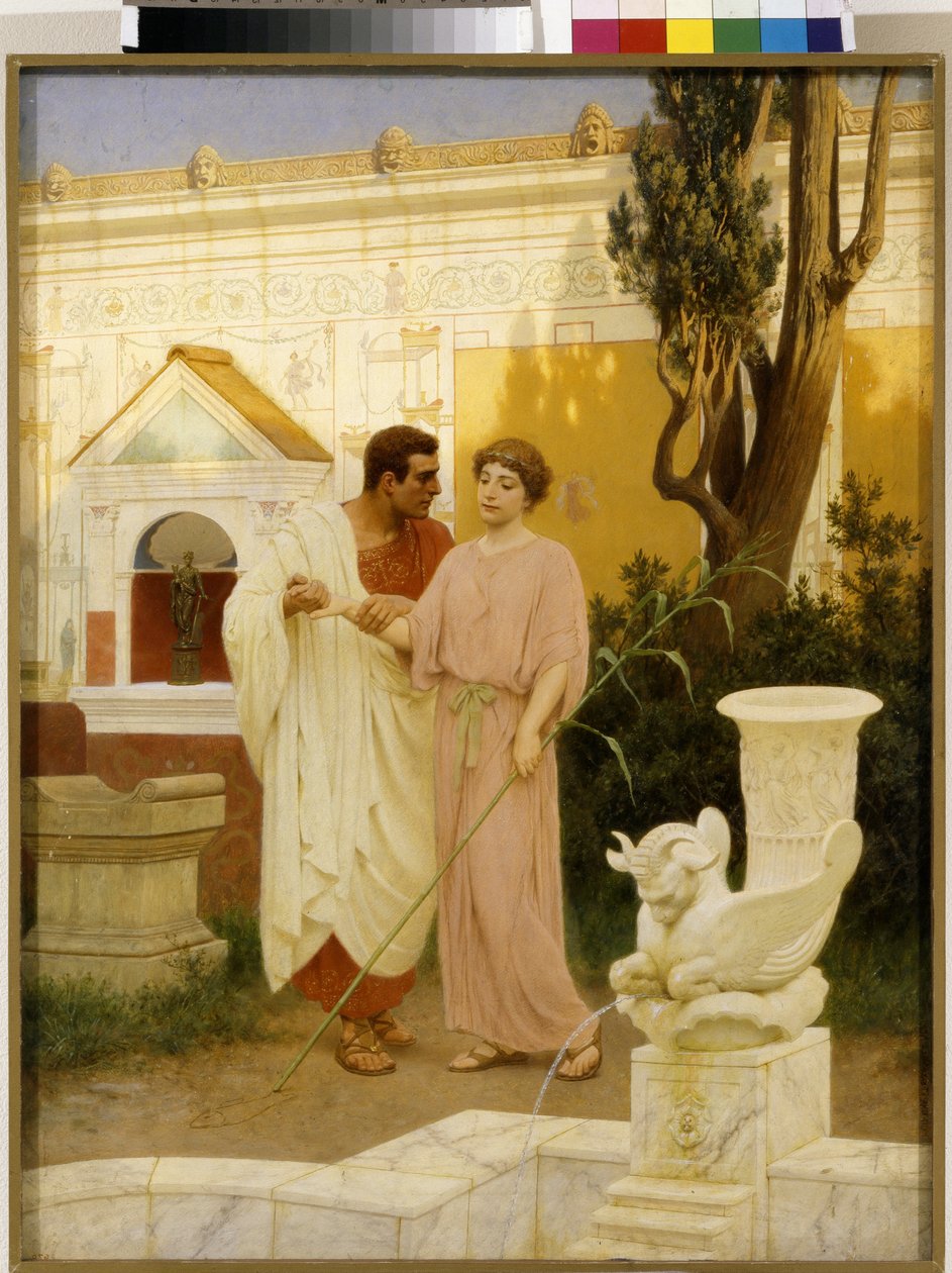 Pergunta e Resposta (Diálogo entre um casal no jardim de um antigo palácio romano) - Pintura de Stepan (Stefan) Vladislavovich Bakalowicz (1857-1947), óleo sobre tela de Stefan Vladislavovich Bakalowicz