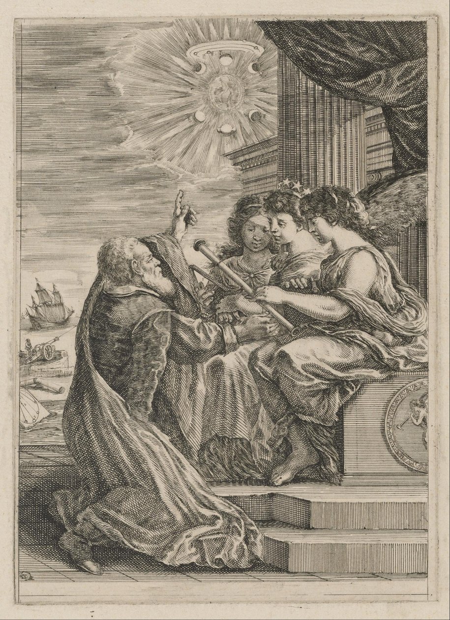 Frontispício para obras de Galileo Galilei de Stefano della Bella
