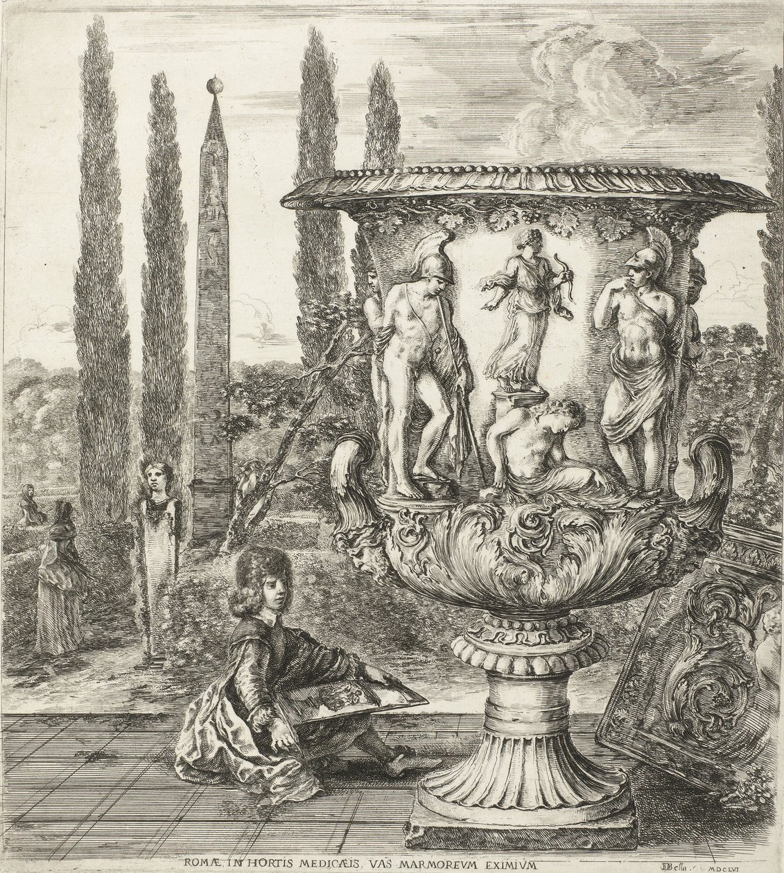 O jovem Cosimo III de Medici desenhando o vaso Medici, 1656 de Stefano della Bella