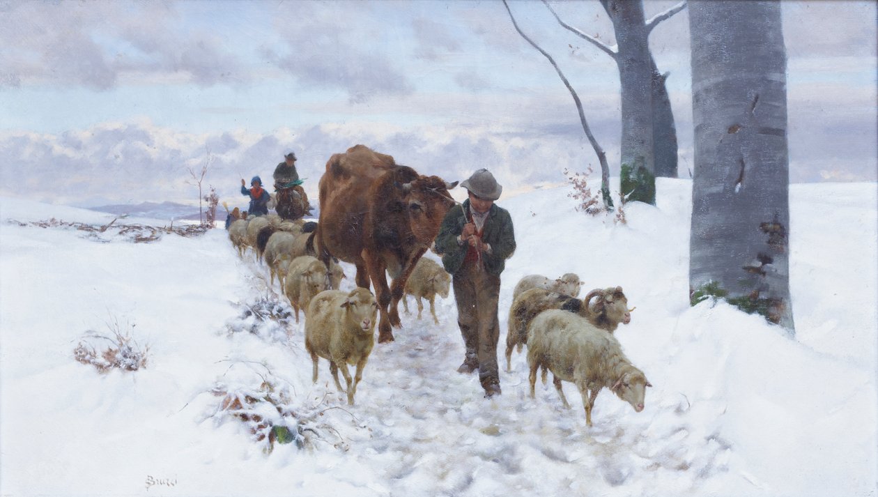 Regresso do mercado após a queda de neve, antes de 1877 (óleo sobre tela) de Stefano Bruzzi