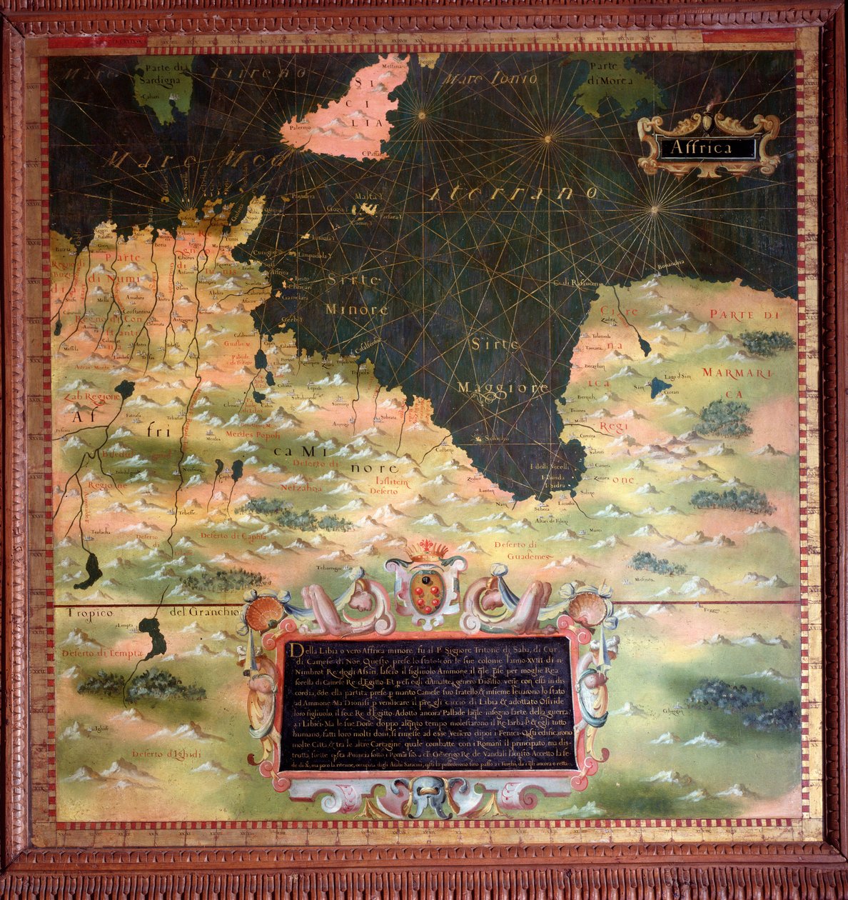 Afique du Nord: Mapa da Região Cyrenaic e Marmarique feito por Stefano Bonsignori (? -1589) cosmógrafo e pintor italiano. Por volta de 1581. Florença, Palazzo Vecchio, Sala del Mappamondo de Stefano Buonsignori