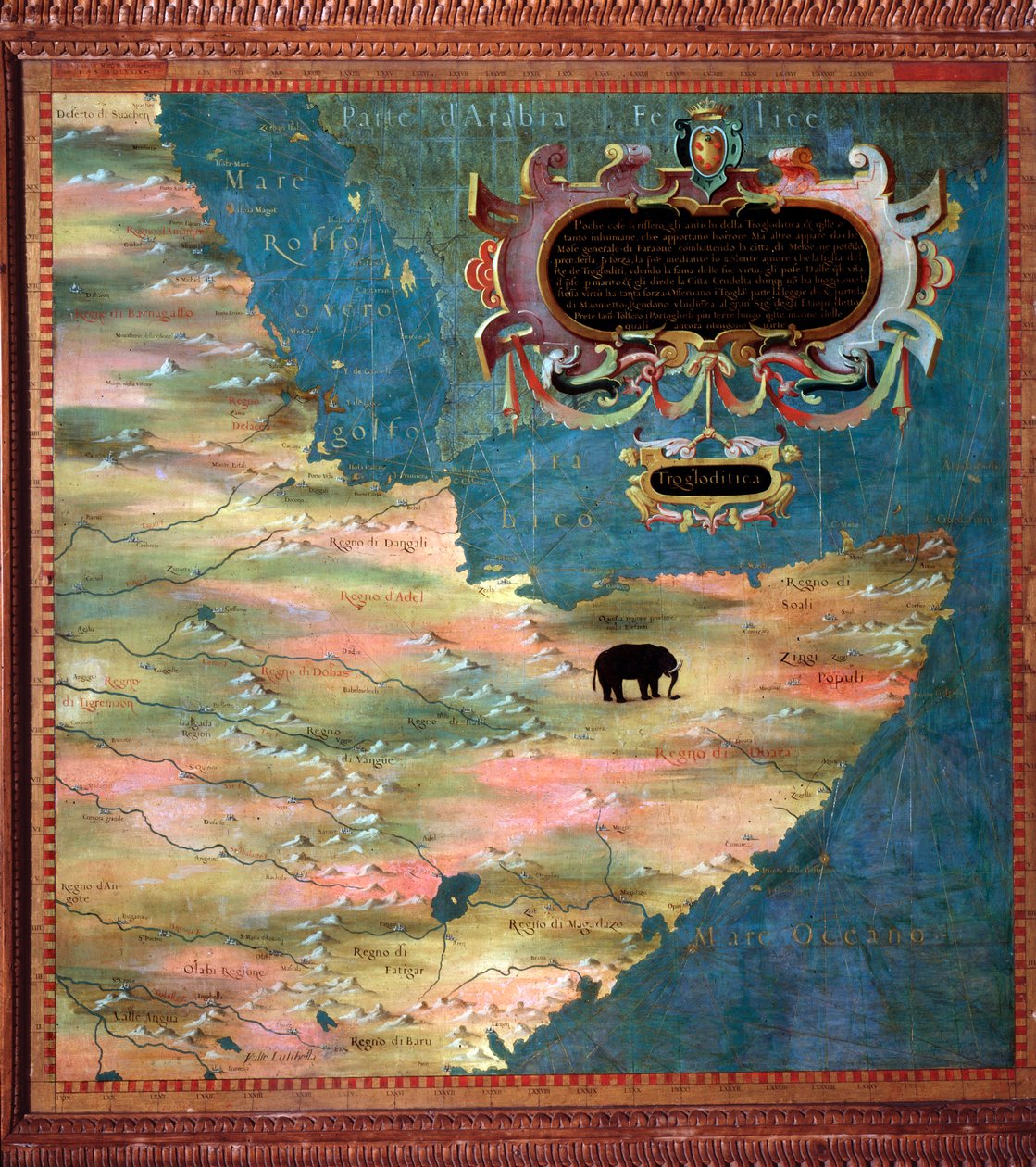 Mapa da África Oriental (Somália e Etiópia) feito por Stefano Bonsignori (? -1589) cosmógrafo e pintor italiano. Por volta de 1581. Florença, Palazzo Vecchio, Sala del Mappamondo de Stefano Buonsignori