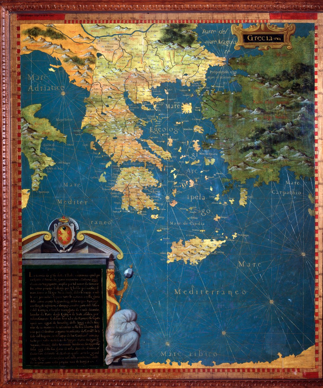 Mapa da Grécia feito por Stefano Bonsignori (? -1589) cosmógrafo e pintor italiano. Por volta de 1581. Florença, Palazzo Vecchio, Sala del Mappamondo de Stefano Buonsignori