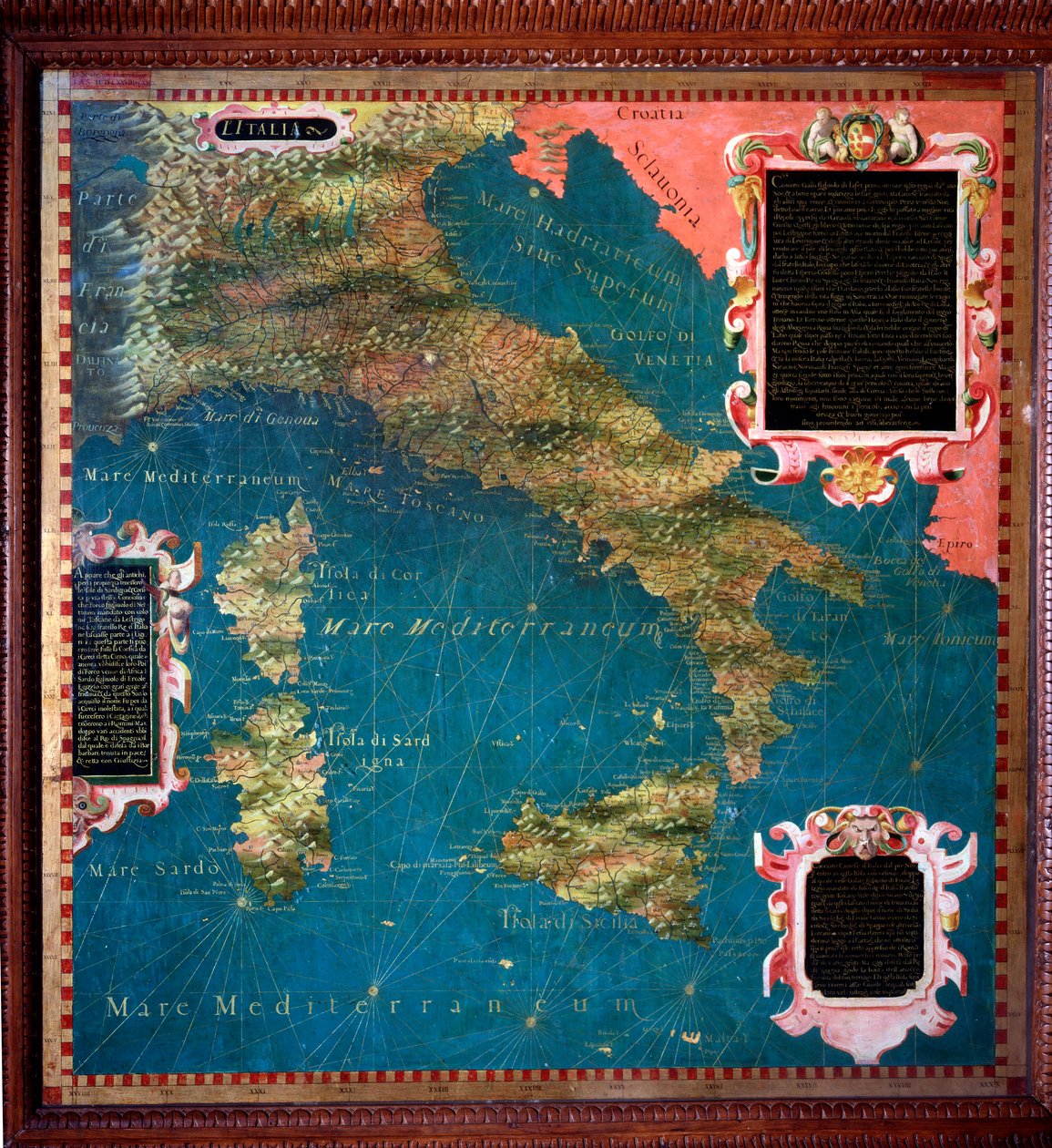 Cartão Itália e Córsega feito por Stefano Bonsignori (? -1589) cosmógrafo e pintor italiano. Por volta de 1581. Florença, Palazzo Vecchio, Sala del Mappamondo de Stefano Buonsignori