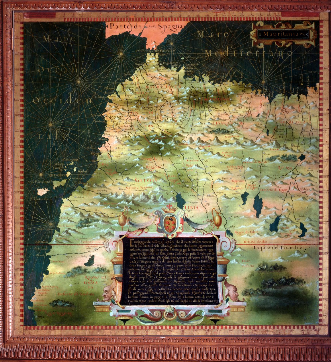 Norte de África (Marrocos) e Detroit de Gibraltar Mapa feito por Stefano Bonsignori (? -1589) cosmógrafo e pintor italiano. Por volta de 1581. Florença, Palazzo Vecchio, Sala del Mappamondo de Stefano Buonsignori