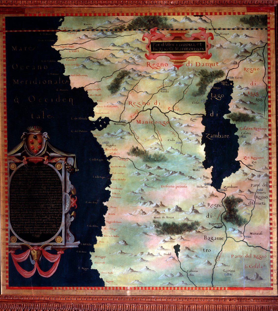 Mapa da África Ocidental (Congo e Angola) feito por Stefano Bonsignori (? -1589) cosmógrafo e pintor italiano. Por volta de 1581. Florença, Palazzo Vecchio, Sala del Mappamondo de Stefano Buonsignori