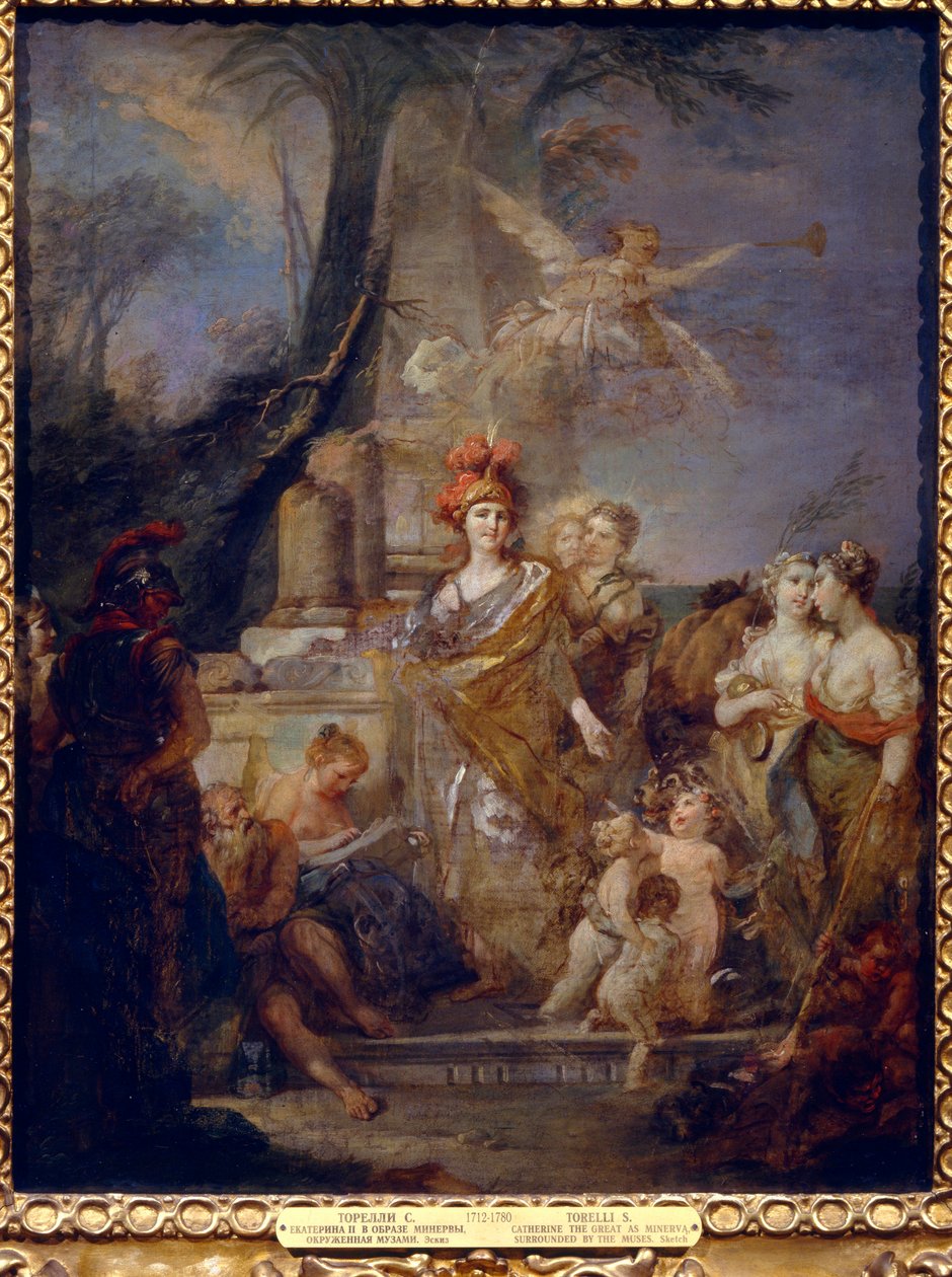 A Imperatriz Catarina II (1729-1796) como Minerva no Círculo de Musas. Pintura de Stefano Torelli (1712-1784), óleo sobre tela. Arte italiana de Stefano Torelli