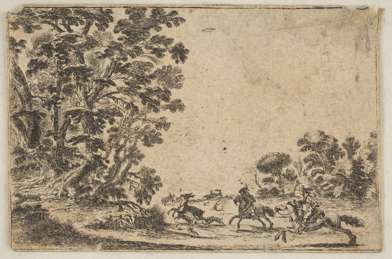 Placa 4: uma caça ao veado, dois cavaleiros galopando em direção à direita atrás de três cães e ..., depois de 1642. Criadores: Stefano della Bella, Desconhecido. de Stefano della Bella