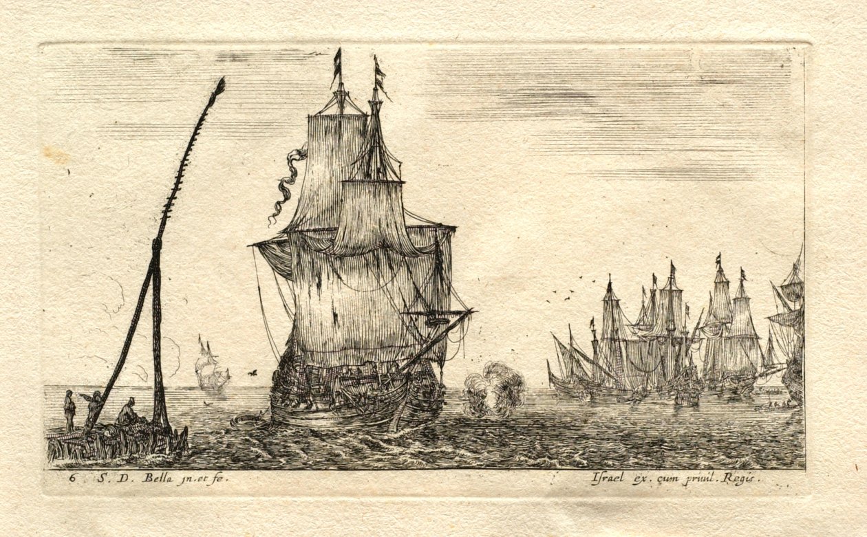 Um barco com as velas totalmente içadas de Stefano della Bella