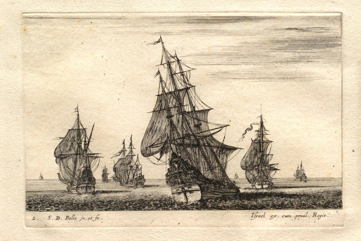 Um barco de velas enfunadas rodeado por outros barcos de Stefano della Bella