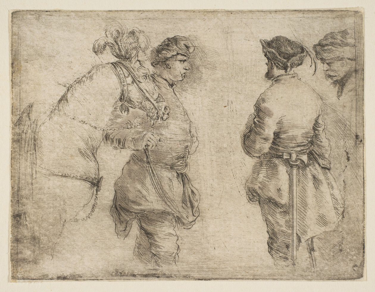 Um poste conduzindo um cavalo pelo freio e conversando com dois outros homens, ca. 1662 de Stefano della Bella