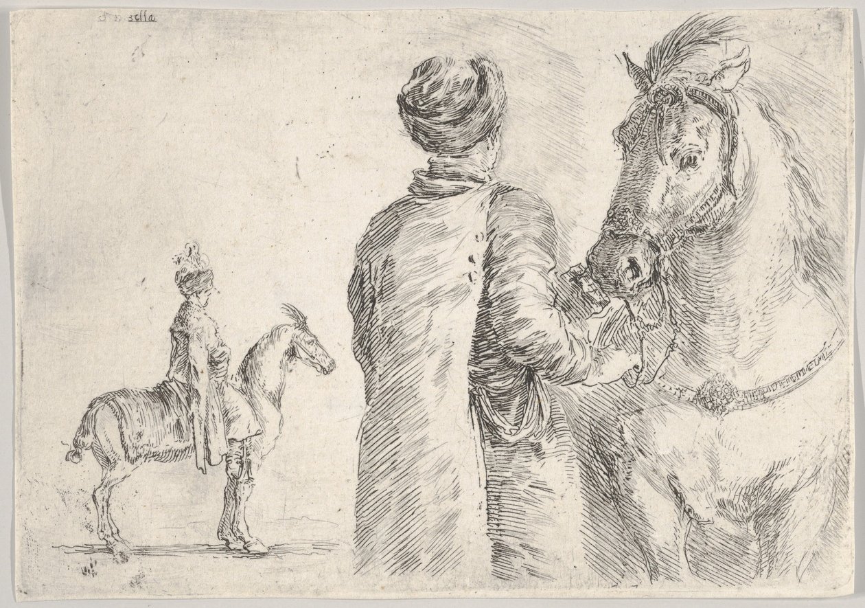 Um criado polonês, visto de trás, segurando a rédea de um cavalo à direita, um cavalo polonês..., ca. 1662. de Stefano della Bella