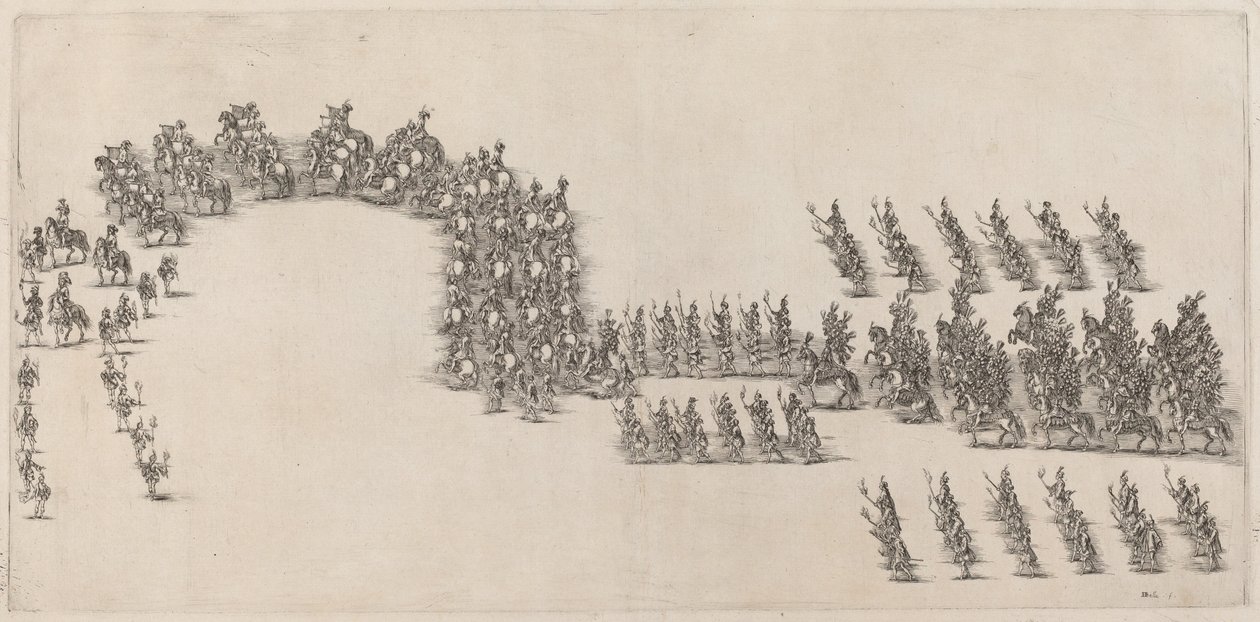 Uma procissão de sessenta cavaleiros e portadores de tocha, 1652. de Stefano della Bella