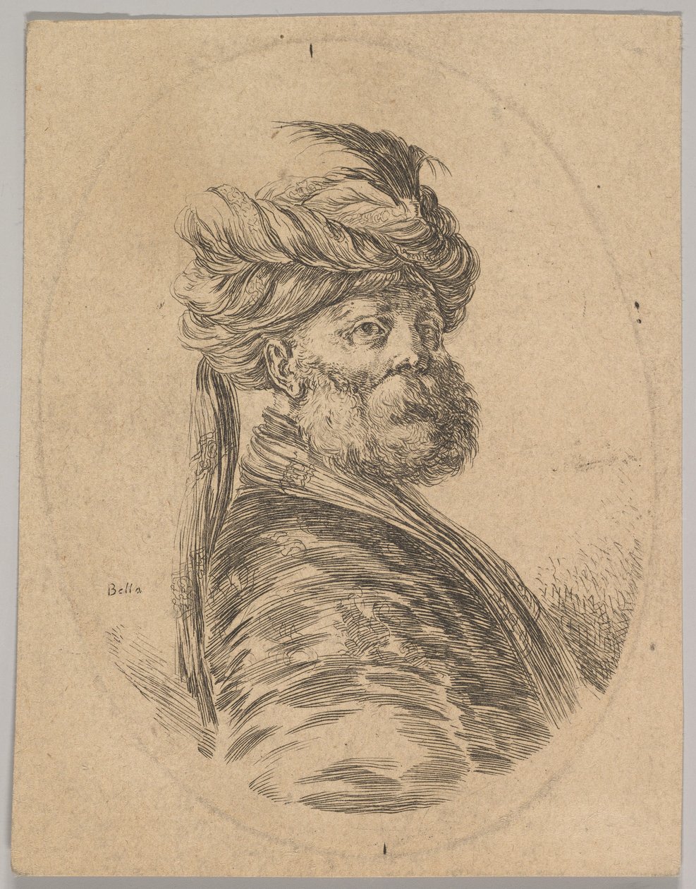 Um turco de barba e turbante com uma longa pena na frente, virou três quartos..., 1650. de Stefano della Bella