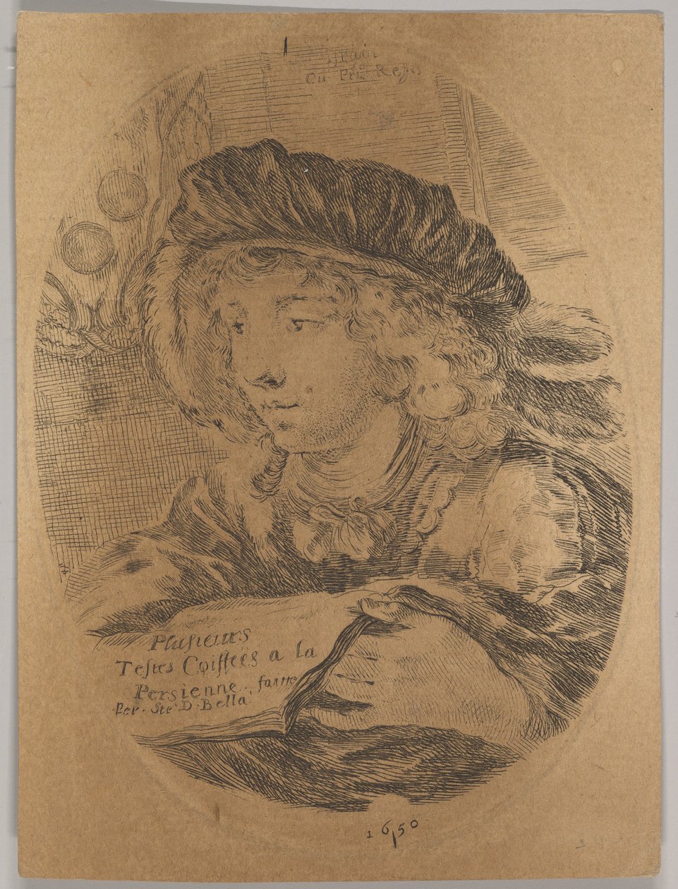 Um busto de um jovem de boné com penas, virado três quartos para a esquerda, o ..., 1650. de Stefano della Bella
