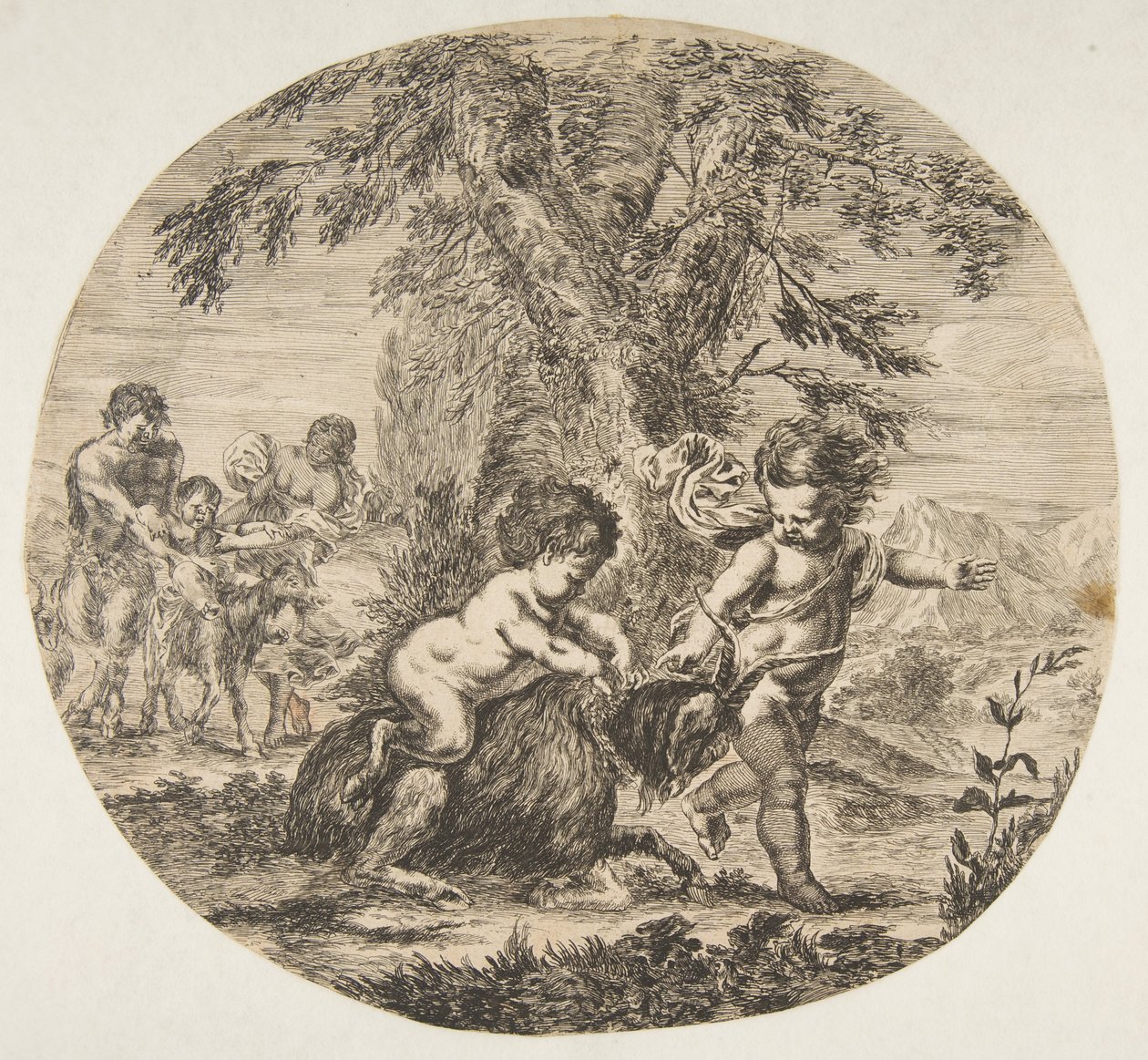 Uma criança e uma criança sátira brincando com uma cabra, ca. 1657 de Stefano della Bella