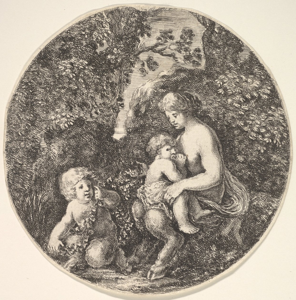 Uma sátira do sexo feminino amamentando uma criança para a direita, virada para a esquerda, uma criança sátira ..., 1639. de Stefano della Bella