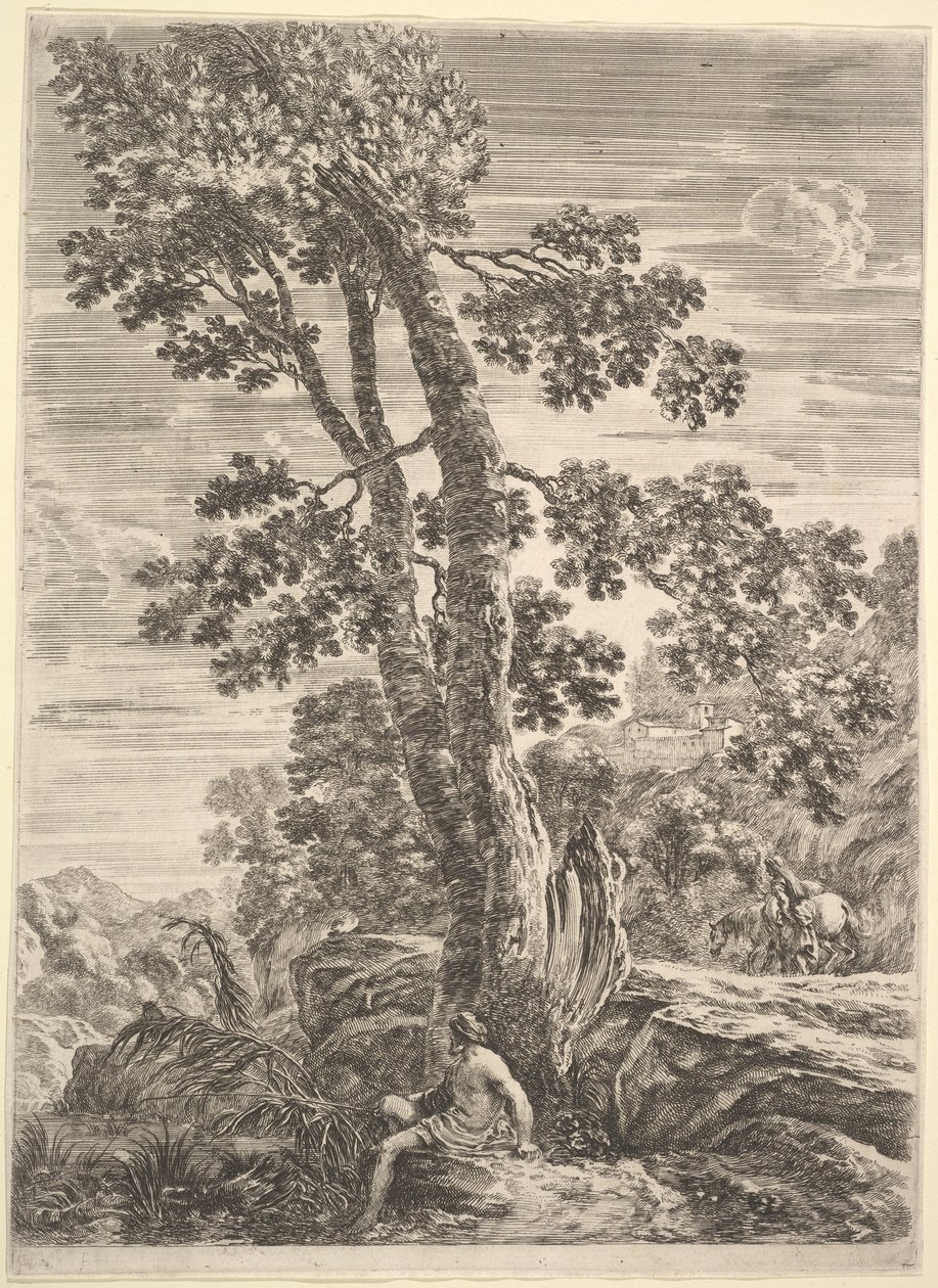 Um pescador no centro de frente para a esquerda e encostado a uma árvore grande, uma mulher caminhando ..., ca. 1652-57. de Stefano della Bella