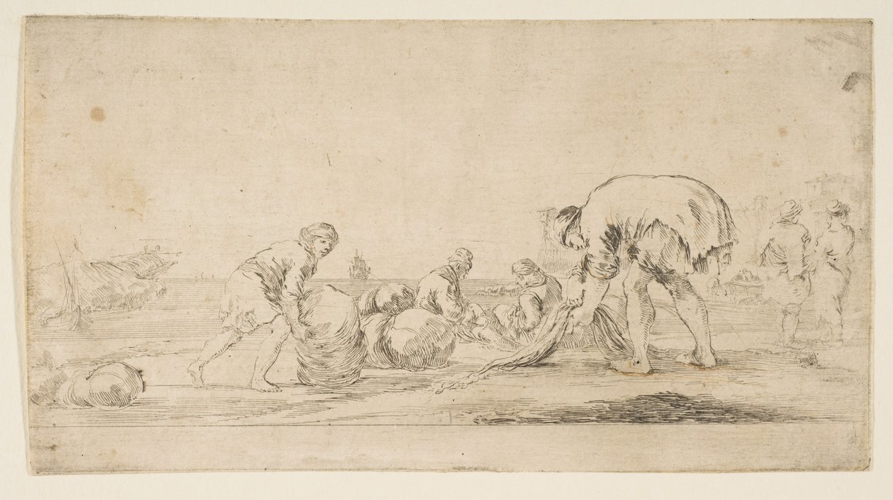 Um pescador trazendo suas redes, um homem à esquerda empurrando um fardo para a direita, dois seate..., ca. 1662. de Stefano della Bella