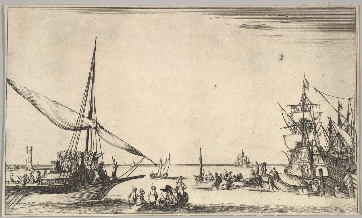 Uma galera chegando ao porto à esquerda, vários barcos a remos no centro, navios no porto à direita, de ..., 1639. de Stefano della Bella