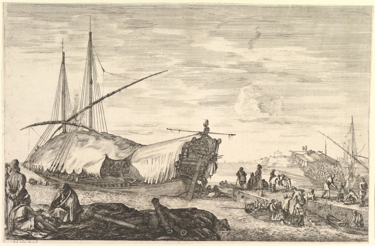 Uma galé coberta de velas, da obra «Vistas do porto de Livorno» (Vues du port de Livourne) de Stefano della Bella