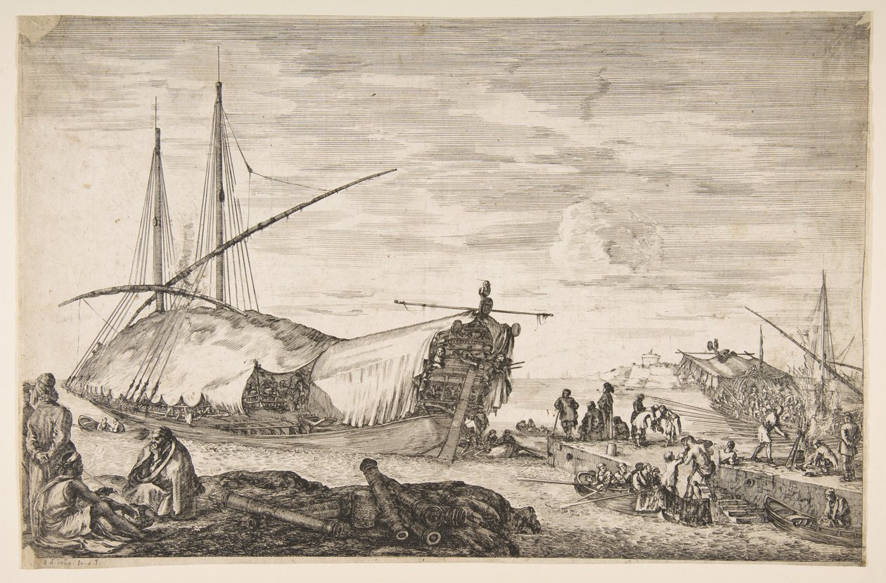 Uma galera coberta de velas para a esquerda, seis canhões e quatro pessoas para a esquerda em primeiro plano, uma ..., 1655. de Stefano della Bella