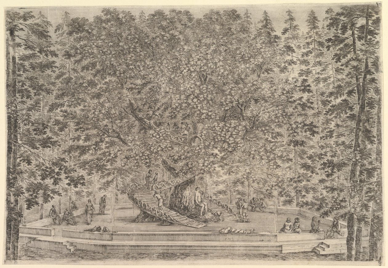 Uma grande árvore habitada no centro, com rampas que conduzem ao redor do tronco, abaixo de uma pedra ..., ca. 1653 de Stefano della Bella