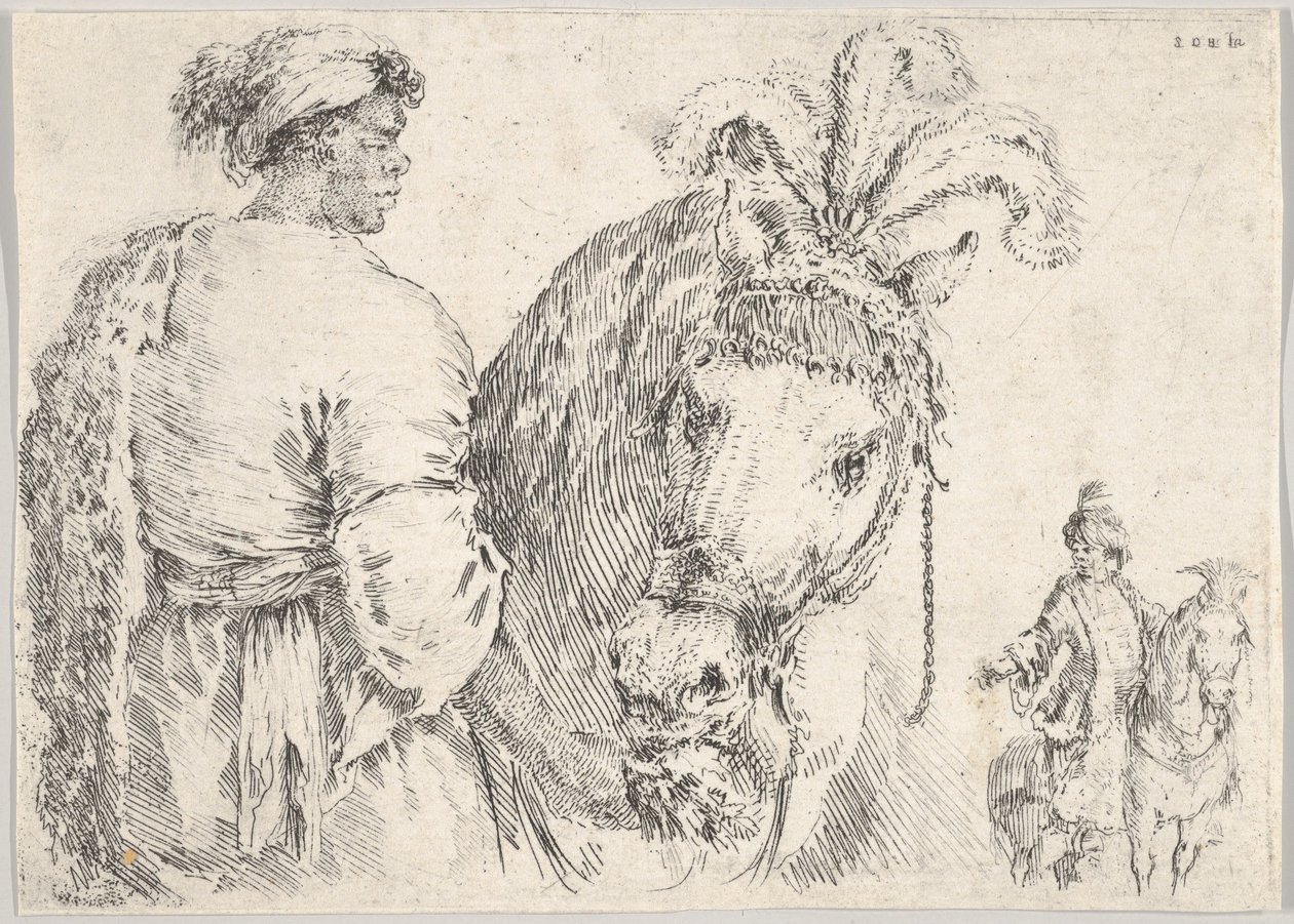 Um homem à esquerda de perfil dando um punhado de feno a um cavalo ao centro, um cavaleiro a..., ca. 1662. de Stefano della Bella