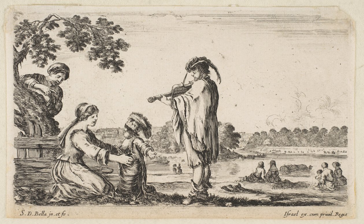 Um homem tocando violino no centro, virou-se para a esquerda de perfil, uma mulher sentada para ..., 1649. de Stefano della Bella
