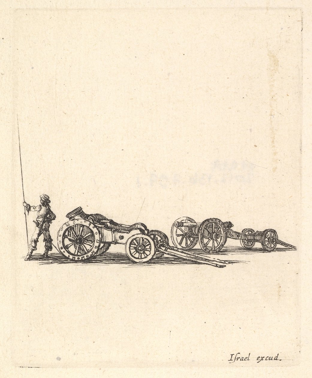 Um morteiro e um canhão, ambos montados em carruagens, um soldado mostrado de trás..., c. 1638-43. de Stefano della Bella