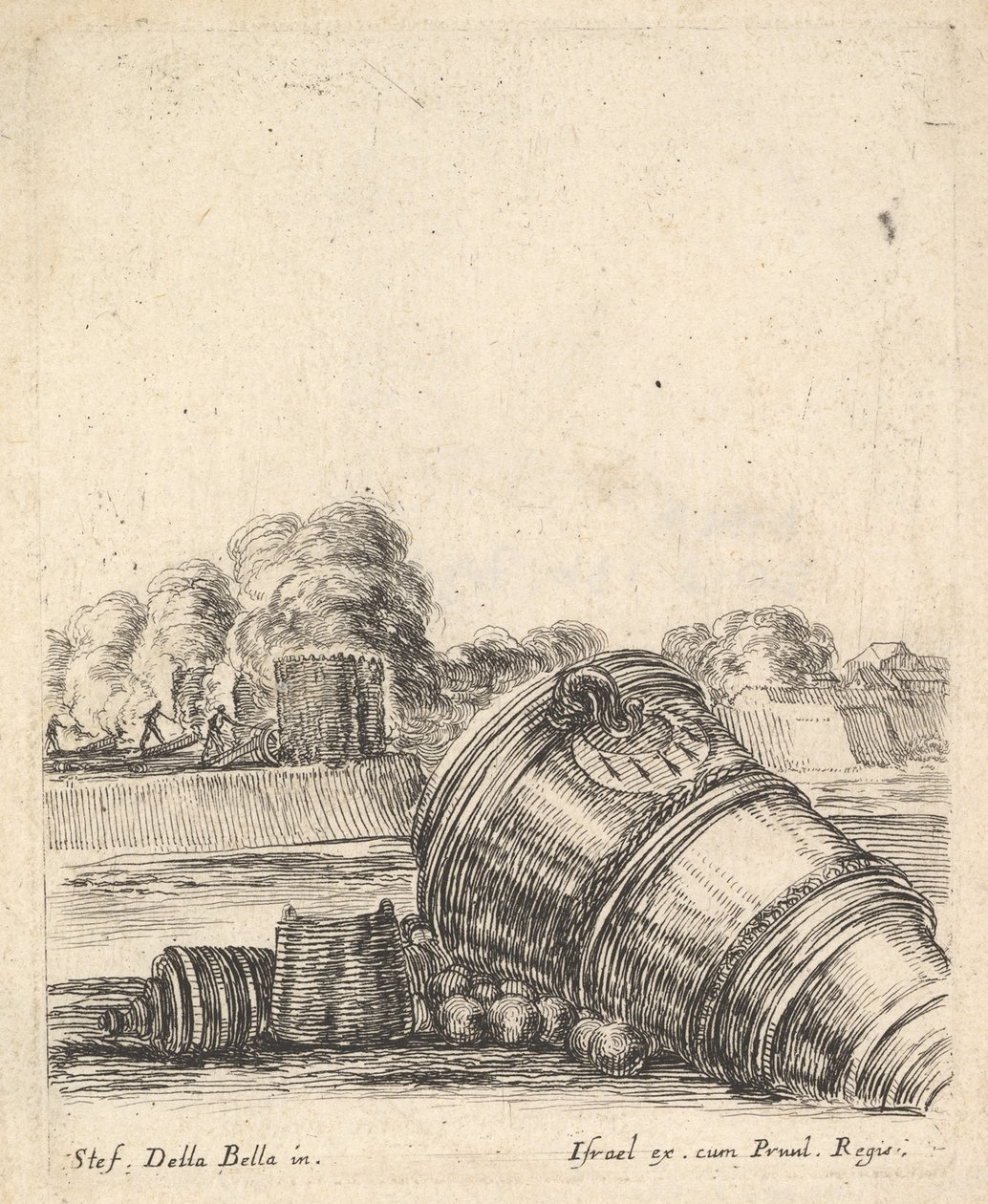 Um morteiro sem carro no chão à direita, soldados disparando canhões..., ca. 1638-43. de Stefano della Bella