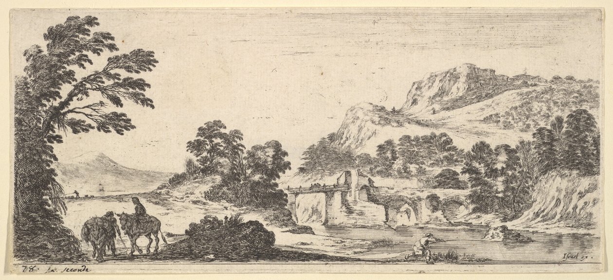 Uma mula carregando uma mulher e um camponês andando com uma mula para a esquerda, um pescador para a direita ..., ca. 1641 de Stefano della Bella