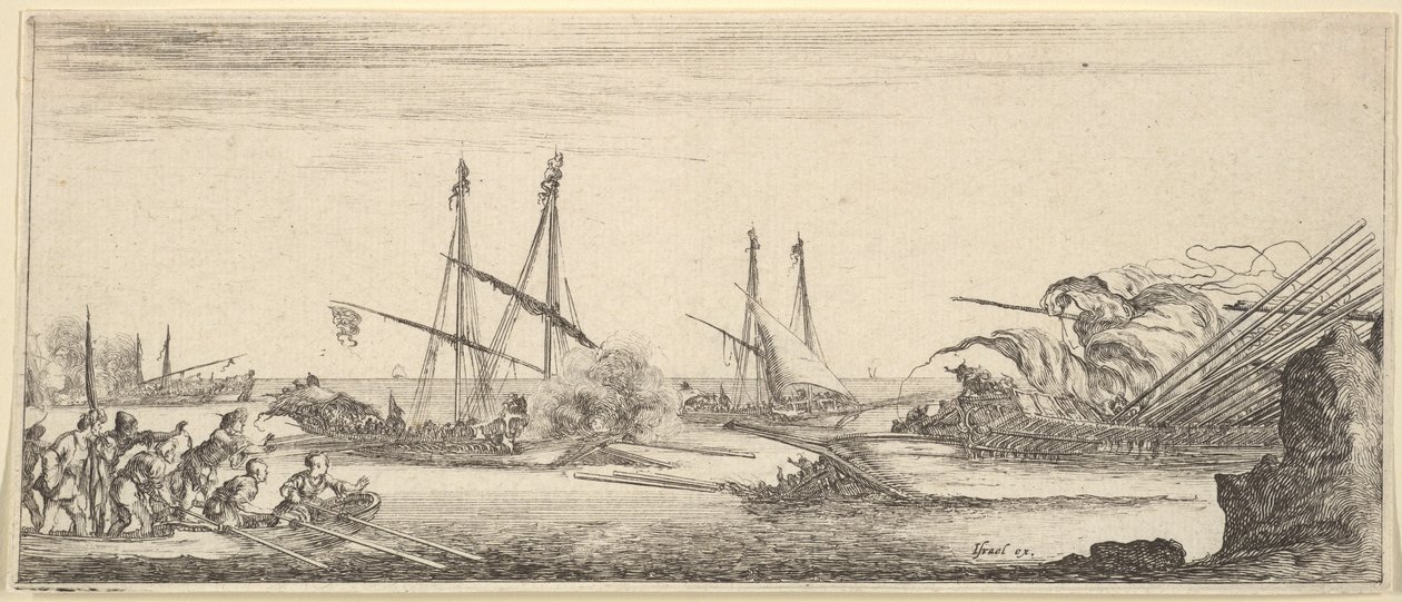 Uma batalha naval, um barco a remos cheio de homens para a esquerda, um navio afundando para a direita, duas galeras ba ..., ca. 1641 de Stefano della Bella