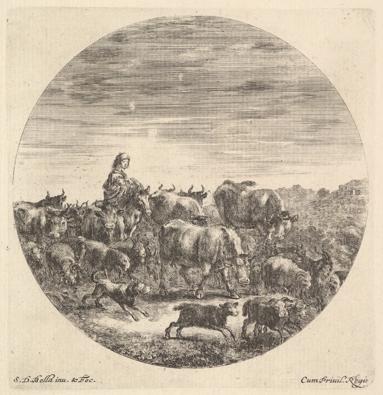 Uma camponesa sentada em um cavalo para a esquerda, virada para a direita, cercada por um rebanho de fc ..., ca. 1643-48. de Stefano della Bella