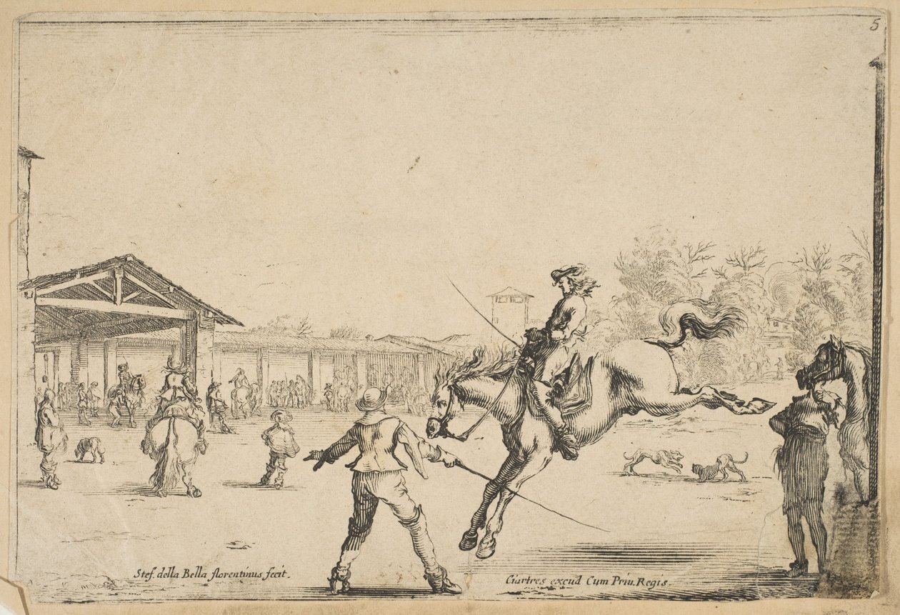 Uma escola de equitação, um cavaleiro com salto de espada dirigido por outro homem com uma espada em ..., ca. 1645 de Stefano della Bella