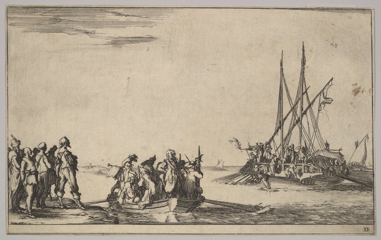 Um barco a remos cheio de homens no centro, um grupo de homens em pé na praia à esquerda, um navio cheio de ..., 1639. de Stefano della Bella