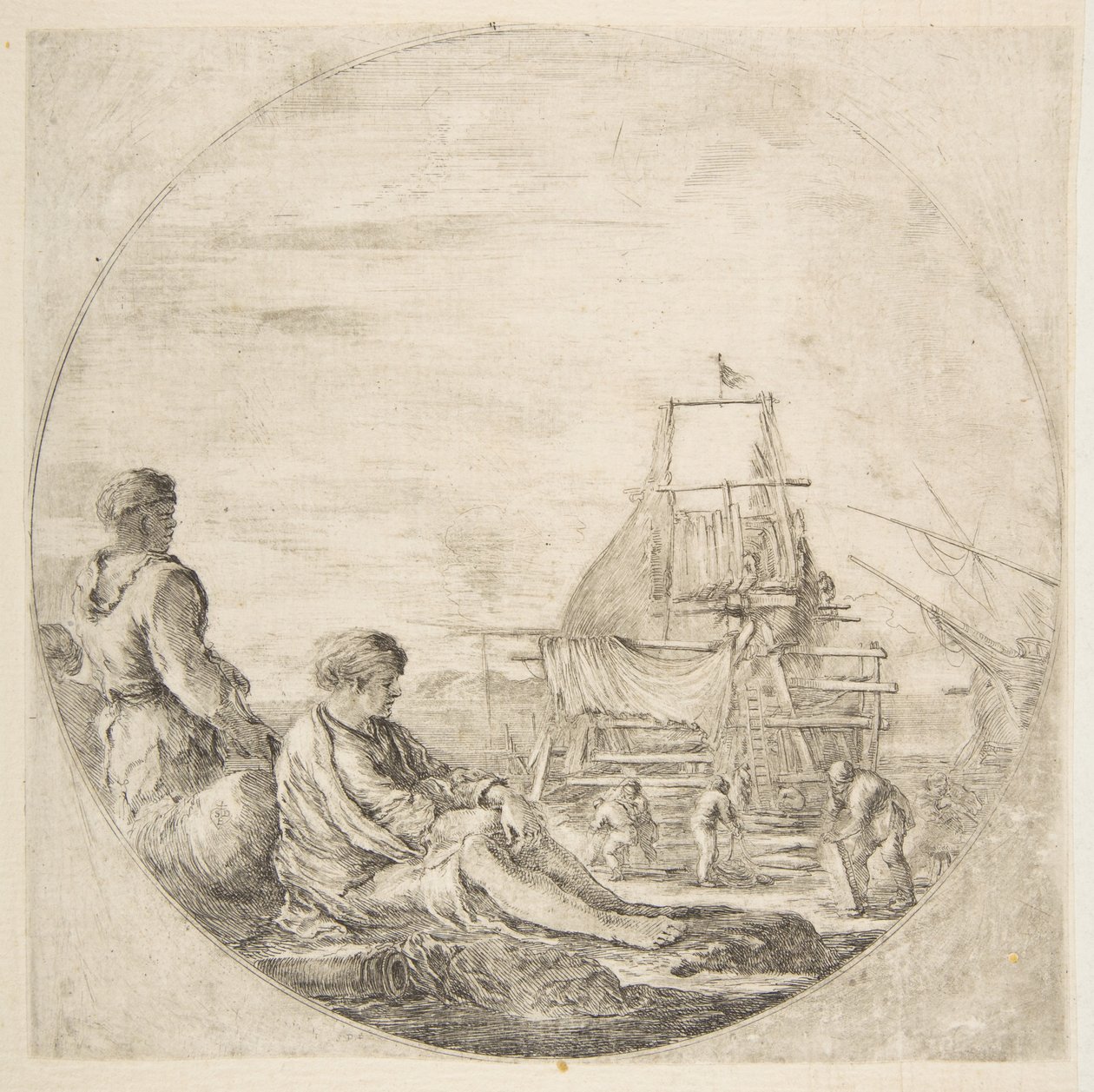 Um marinheiro branco sentado e um marinheiro preto de pé, pessoas construindo um navio no backg ..., ca. 1660 de Stefano della Bella