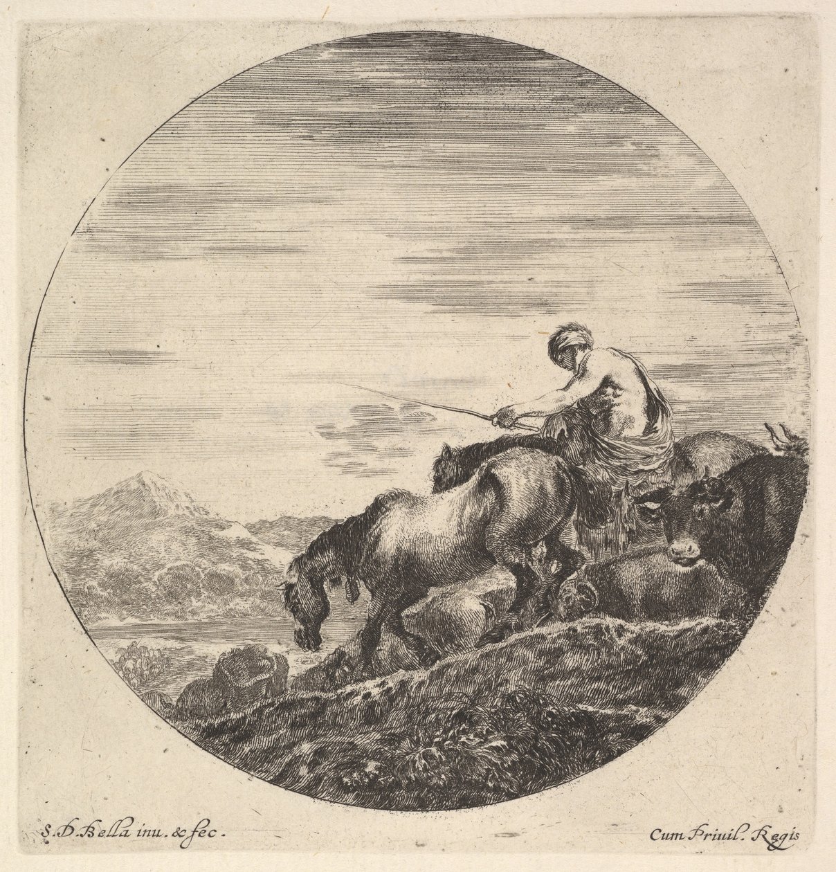 Um pastor à direita, virado para a esquerda, dirigindo um grupo de animais ladeira abaixo, uma corrida redonda ..., ca. 1643-48. de Stefano della Bella