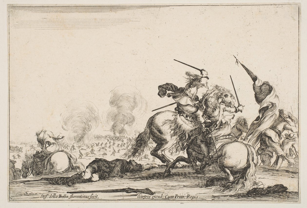 Uma escaramuça, dois cavaleiros lutando com espadas para a direita, homens carregando uma bandeira correndo ..., ca. 1645 de Stefano della Bella