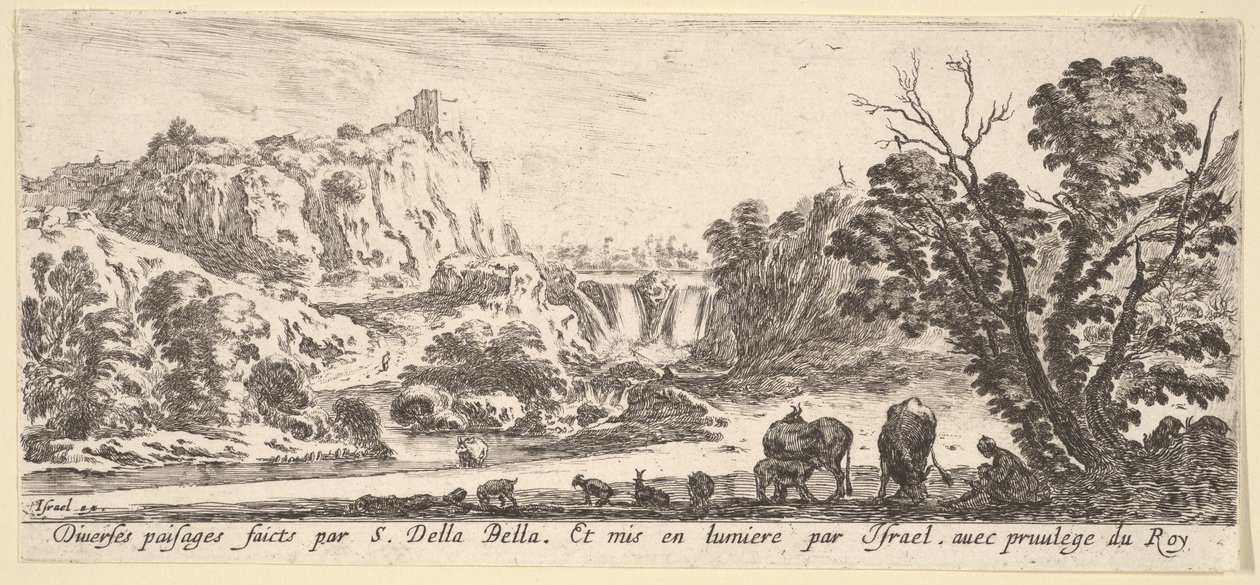 Uma cachoeira que desce das montanhas ao fundo do centro, vários animais e ..., ca. 1641 de Stefano della Bella