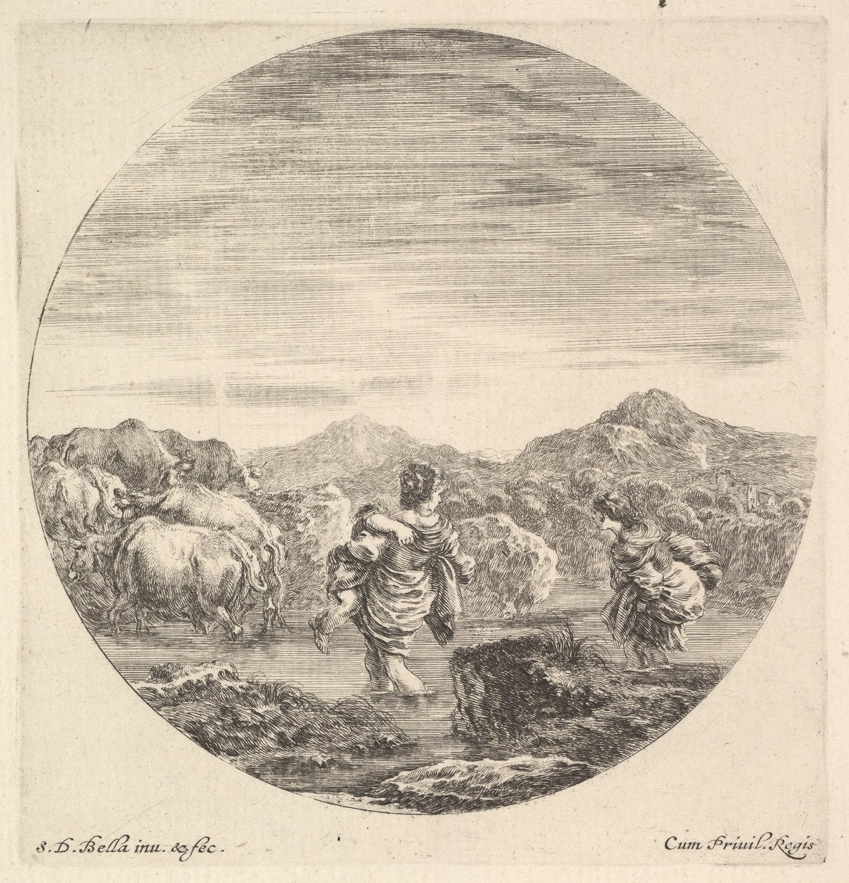 Uma mulher carregando uma criança ao centro, vista por trás, outra mulher à direita, de frente..., ca. 1643-48. de Stefano della Bella