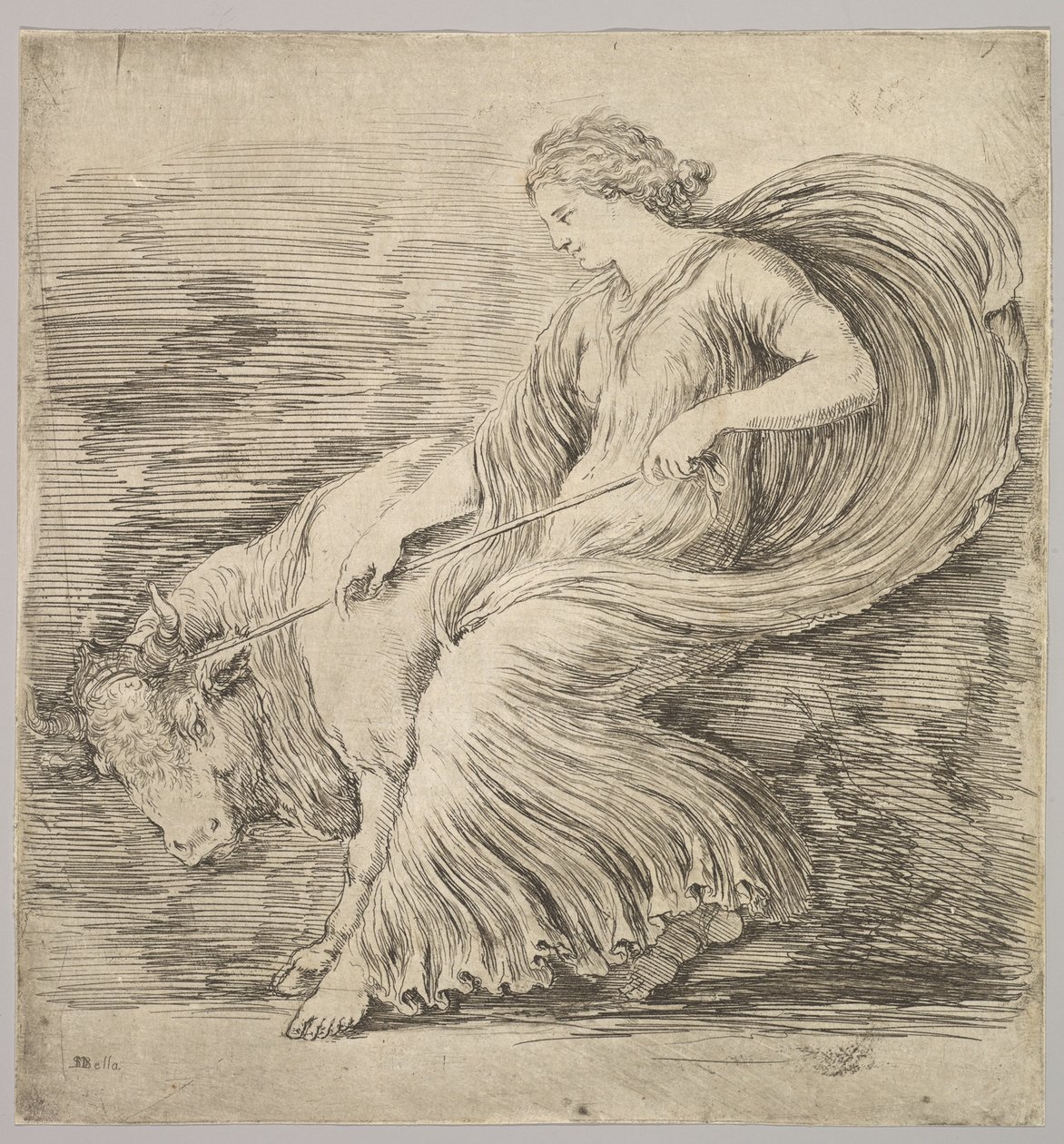 Uma mulher de perfil puxando uma corda amarrada em torno dos chifres de um touro jovem, ca. 1660 de Stefano della Bella